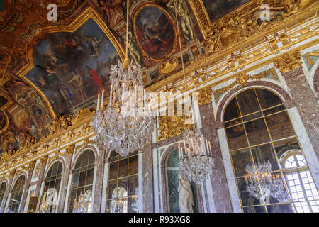 Paris, France, March 28 2017: Hall of Mirrors in the palace of Versailles, France. Stock Photo