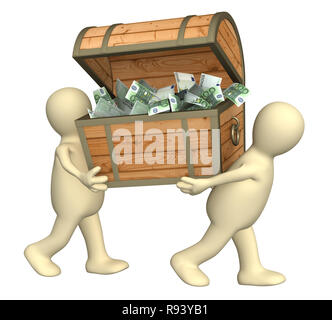 Two puppets with empty wooden box. Over white Stock Photo