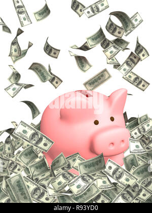 Piggy bank and falling dollars banknotes Stock Photo