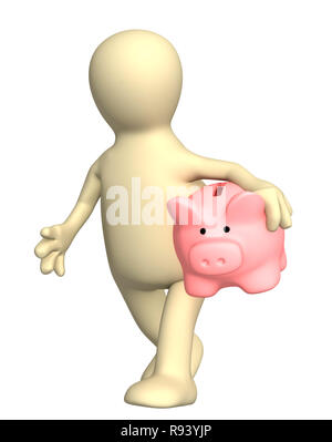 3d puppet, holding piggy bank. Isolated over white Stock Photo - Alamy