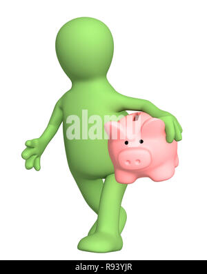 3d puppet, holding piggy bank. Over white Stock Photo - Alamy