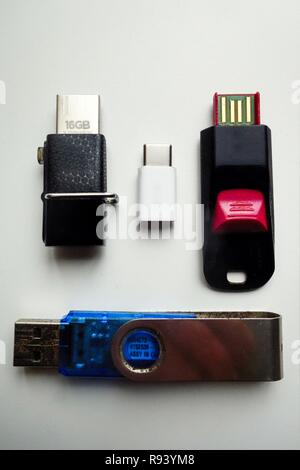 USB Memory Sticks and a small Type C on a white background Stock Photo