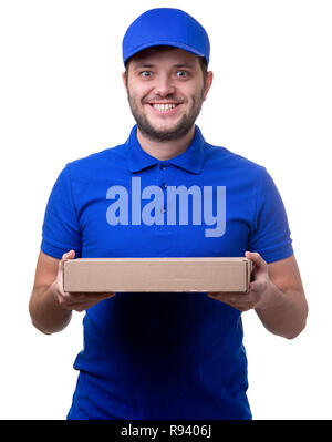 Image of man in blue T-shirt and baseball cap with cardboard box for pizza Stock Photo