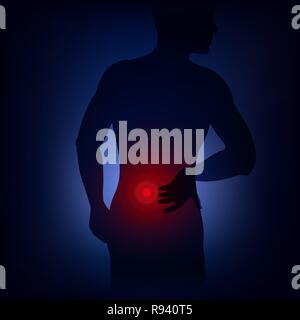 Human having  backache, symptom of lower back pain, lumbago, pressing hand to body. Vector illustration, neon light style, concept for health, medical Stock Vector