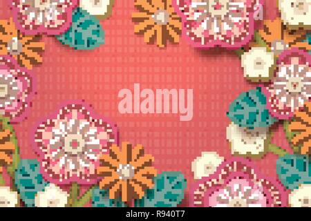 Embroidery floral frame with copy space on watermelon red background Stock Vector
