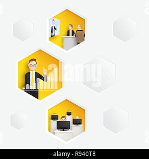 Businessman work in office, beehive,  activities of workers in hexagonal room. Vector illustration for business concept. Stock Vector