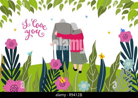 I love you greeting card with senior couple and flowers, flat vector illustration isolated on white background. Stock Vector