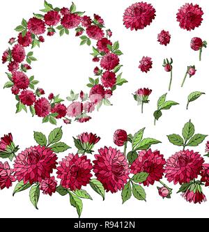 Set of dahlia floral elements isolated on white background, wreath and seamless brush of flowers, vector Stock Vector