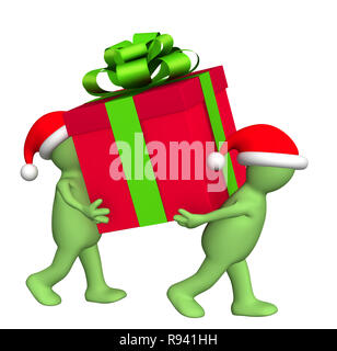 Two puppets with christmas gifts. Isolated over white Stock Photo