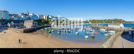 Panoramic view of Harbour Beach to North Beach at Tenby, a walled seaside town in Pembrokeshire, south Wales coast, western side of Carmarthen Bay