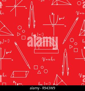 Mathematical scientific vector seamless pattern with geometry plots, tools and formulas. Education elements. Compasses, protractor, pencil, graphics,  Stock Vector
