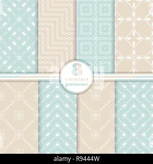 Set of eight seamless patterns. Modern stylish textures. Regularly repeating geometrical ornaments with different geometric shapes. Stock Vector