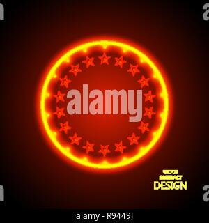 The abstract shining background. A round banner in a retro style. A billboard with the burning stars and the place for the text. A circular template w Stock Vector