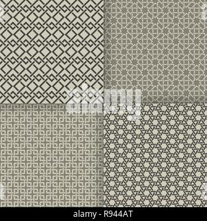 Set of vector seamless patterns. Modern geometrical textures with with crossed geometriс shapes. Intersecting rhombuses, diamonds, hexagons, squares.  Stock Vector