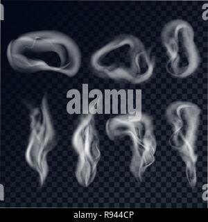 A set of gray smoke on a transparent background. Cigarette smoke rings realistic style. Vector illustration. Stock Vector