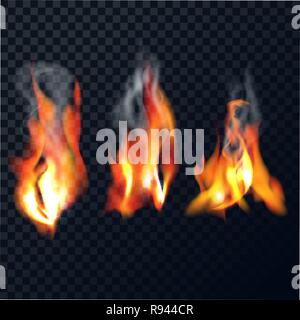 Set of flames with smoke on a transparent background. The realistic bright fire isolated. Vector illustration. Stock Vector