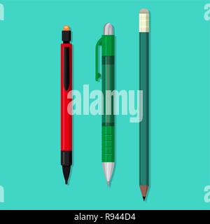 Vector set of office objects. Pencil plastic, wooden, ball-point pen. The writing objects with an eraser in flat style. School and office supplies. Stock Vector