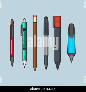 A vector set of the writing objects. Pencils with eraser, a pen, markers in linear flat style. Office and school supplies on the blue isolated backgro Stock Vector