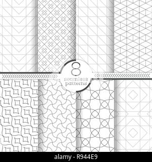 Set of eight seamless patterns. Modern stylish textures. Regularly repeating geometrical ornaments with thin lines. Trendy linear design Stock Vector