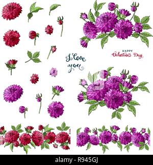 Set of multicolored dahlia floral elements isolated on white background, bouquets ,seamless brush of flowers and lettering, vector illustration Stock Vector