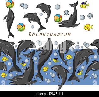 Set of colored dolphins and fish isolated on white background and seamless brush with them, vector illustration Stock Vector