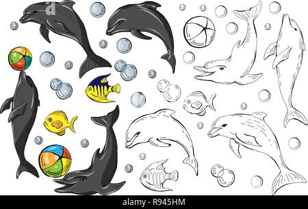 Set of colored dolphins and fish isolated on white background and monochrome copy , vector illustration Stock Vector