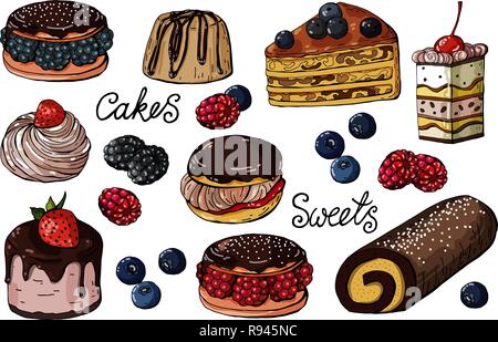 Set of colorful isolated Sweets and Cakes on a white background, vector illustration Stock Vector