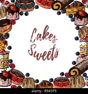 Vector hand drawn colored template banner with sweets cakes, background with circle illustration. Stock Vector