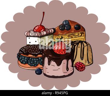 Set of colorful Sweets and Cakes on a circle pink background, vector Stock Vector