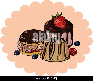 Set of colorful Sweet Cakes on a circle pink background, hand drawing vector Stock Vector