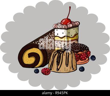 Set of colorful Sweet Cakes on a circle blue background, vector Stock Vector