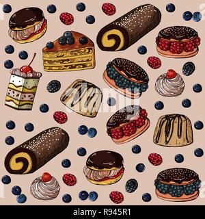 Seamless pattern with sweet cakes and berries on a sandy background Stock Vector