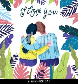 I love you, loving couple among bright floral leaves on a white background with hand draw lettering, flat vector illustration Stock Vector
