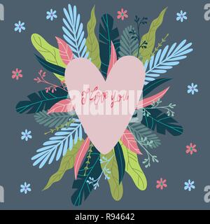 I love you, heart and abstract flowers and leaves with hand draw lettering, flat vector illustration Stock Vector