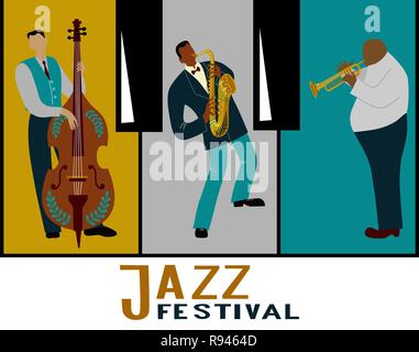 Jazz band on a decorative background in the form of piano keys. Saxophonist, trombone player and cellist playing instruments. Vector horizontal illust Stock Vector