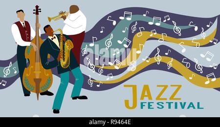 Jazz band on a decorative background with notes. Saxophonist, trombone player and cellist playing instruments. Vector horizontal illustration Stock Vector