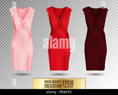 Women's dress mockup collection. Dress with medium pleated skirt. Realistic vector illustration. Festive dress without sleeves. Pink red and vinous va Stock Vector