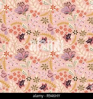 Abstract flowers seamless pattern, floral vector background. Fantasy multicolored flowers in pastel tones on a pink backdrop. For the design of the fabric, wallpaper, wrapper, prints, decoration Stock Vector