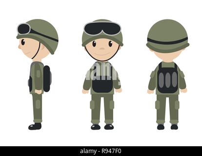 Cartoon soldier mascot set of objects in flat style. Soldiers character collection. Isolated on white background. Vector illustration. Stock Vector