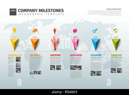 Vector Infographic Company Milestones Timeline Template with pointers on a line and world map in the background Stock Vector
