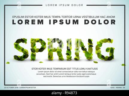 Vector spring lettering illustration flyer template made from fresh green leafs Stock Vector