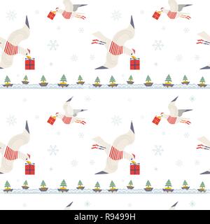 Christmas quirky seagulls with gifts seamless pattern. Stock Vector