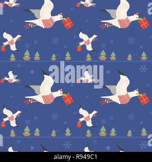 Christmas quirky seagulls with gifts seamless pattern. Stock Vector