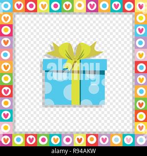 Vector illustration of cute cartoon blue gift box wrapped with festive ribbon framed with heart border isolated. Present icon, anniversary logo, weddi Stock Vector