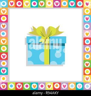 Vector illustration of cute cartoon blue gift box wrapped with festive bow framed with heart frame isolated. Present icon, anniversary logo, wedding,  Stock Vector