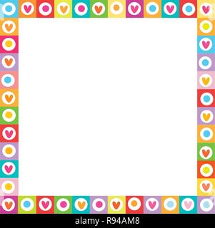 Cute vector vibrant square love frame made of doodle hand drawn hearts on white background. Template with copyspace for valentine greeting card, weddi Stock Vector