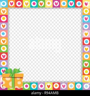 Vector cute vibrant border photo frame made of doodle hearts with bright orange gift box in corner. Multicolored template with copy space for Valentin Stock Vector