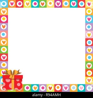 Vector cute vibrant border photo frame made of doodle hearts with red gift box with ribbon in corner. Multicolored template with copyspace for Valenti Stock Vector