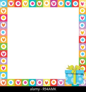 Vector cute vibrant border photo frame made of doodle hearts with bright blue gift box in corner. Multicolored template with copy space for christmas, Stock Vector