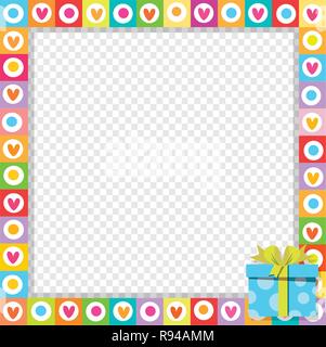 Vector cute vibrant border photo frame made of doodle hearts with blue gift box with ribbon in corner. Rainbow colored template with copyspace for Val Stock Vector